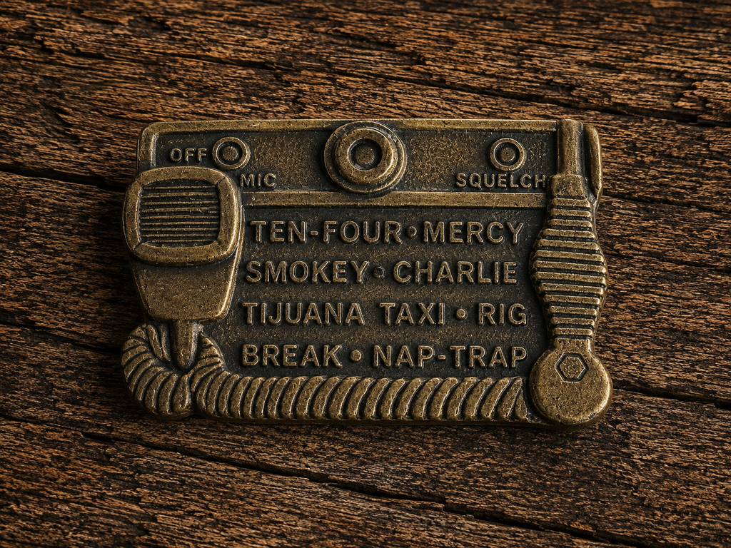Vintage CB Radio Trucker Belt Buckle – Ten-Four Smokey Charlie Tijuana Taxi – 3"