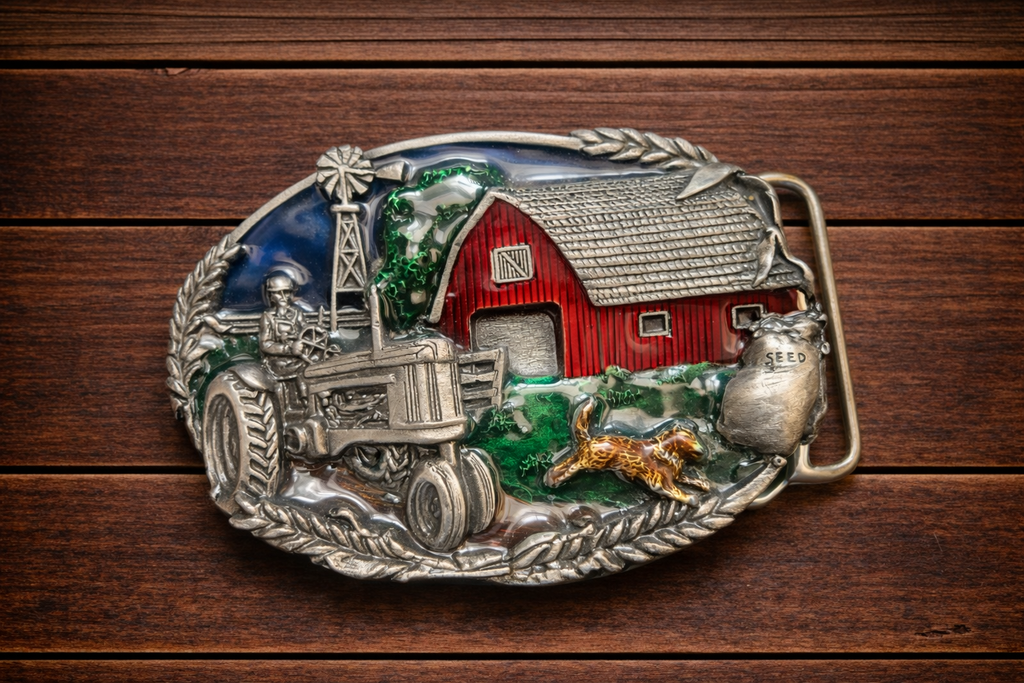 Vintage Bergamot Brass Works Farm Scene Belt Buckle (1981)