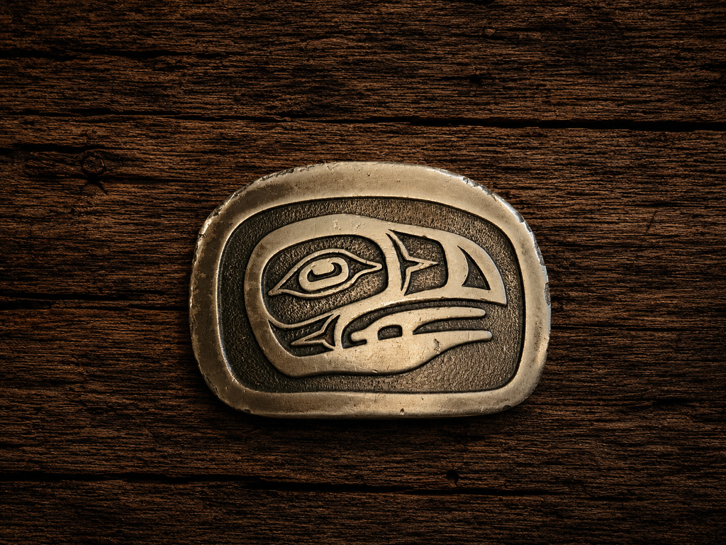 Vintage 1977 Jim Schoppert Tlingit Raven Belt Buckle – Toklat Trading Co. Alaska – Indiana Metal Craft