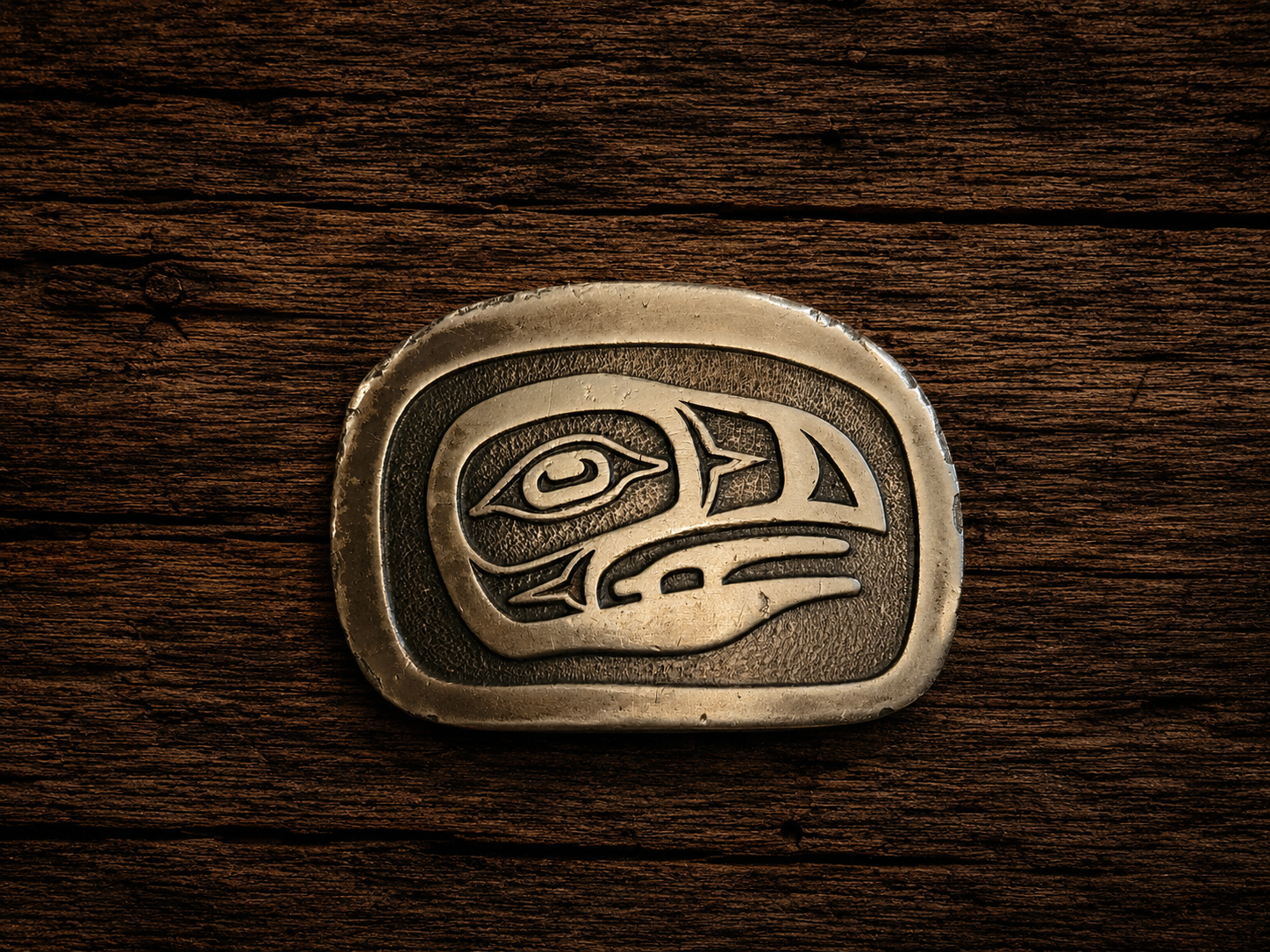 Vintage 1977 Jim Schoppert Tlingit Raven Belt Buckle – Toklat Trading Co. Alaska – Indiana Metal Craft