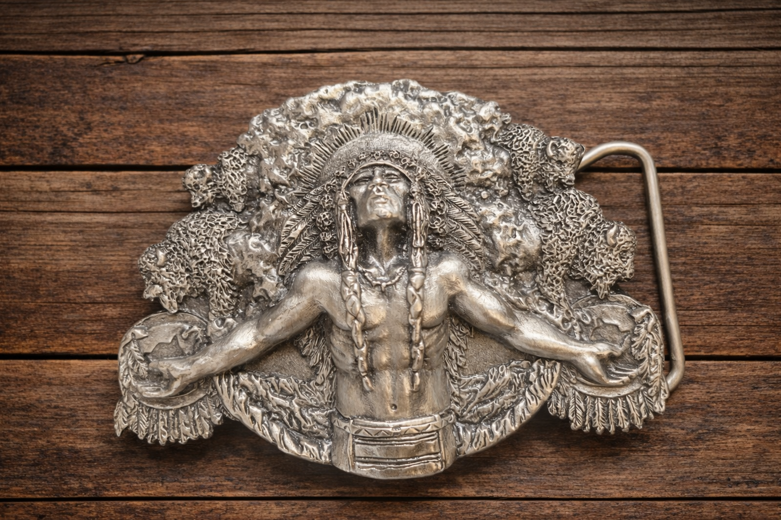 Vintage Native Warrior Spirit Belt Buckle - Bergamot Brass Works ©1981